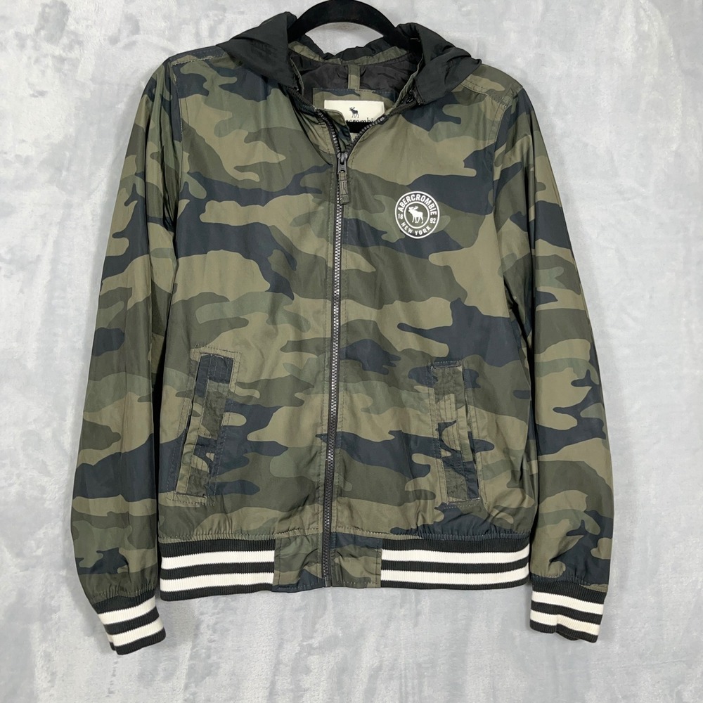 Abercrombie Kids Boys Windbreaker 15/16 Green Camo Hooded Bomber Jacket Logo XL